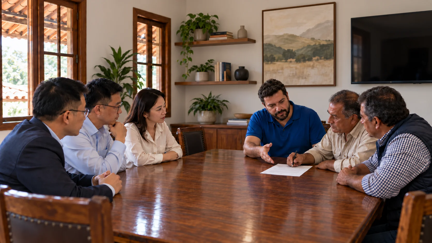 Commercial meeting at a wooden table between international buyers and South American producers, with a Cyanway representative reviewing a document