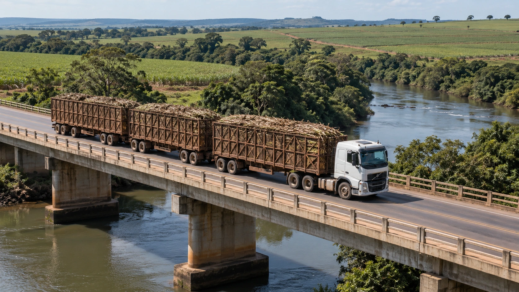 Sugarcane road train crossing a river bridge in Brazil – agricultural logistics