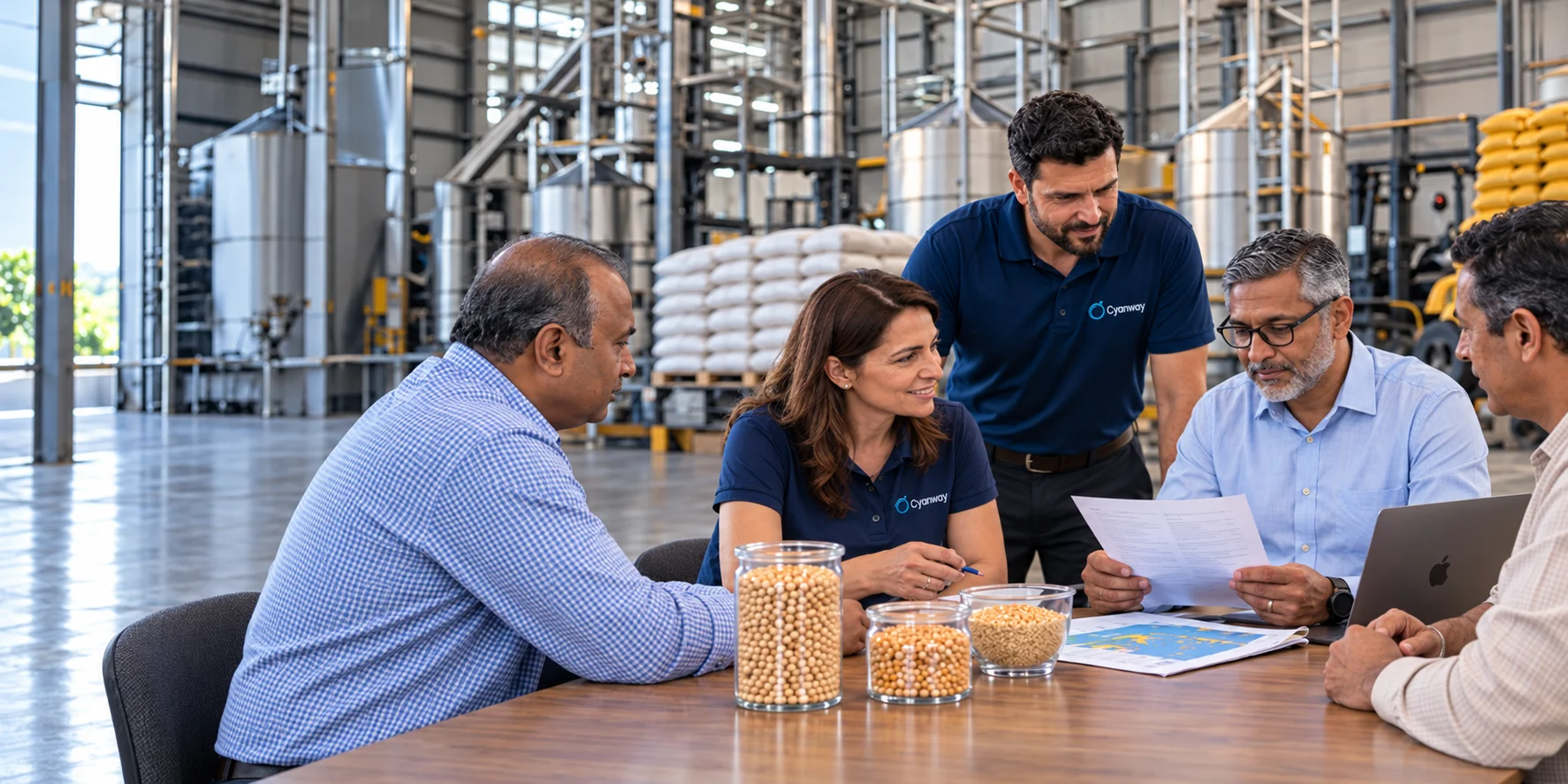 Cyanway team reviewing documents and grain samples with international buyers and a supplier at an agricultural processing warehouse
