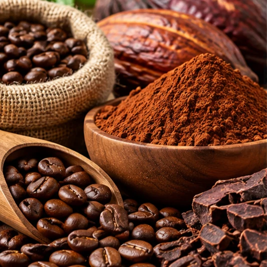 Coffee beans, cocoa pods and cocoa powder