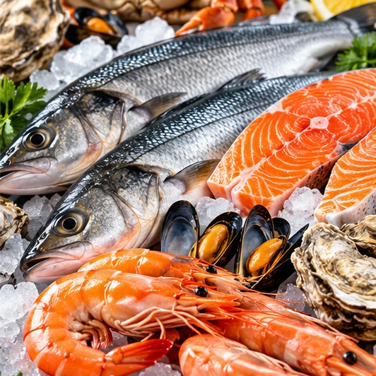Fresh fish, salmon, shrimp and shellfish on ice