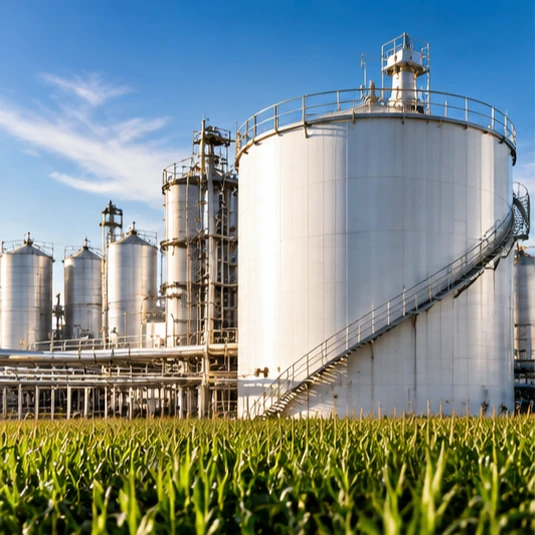 Ethanol storage tanks beside a sugarcane field