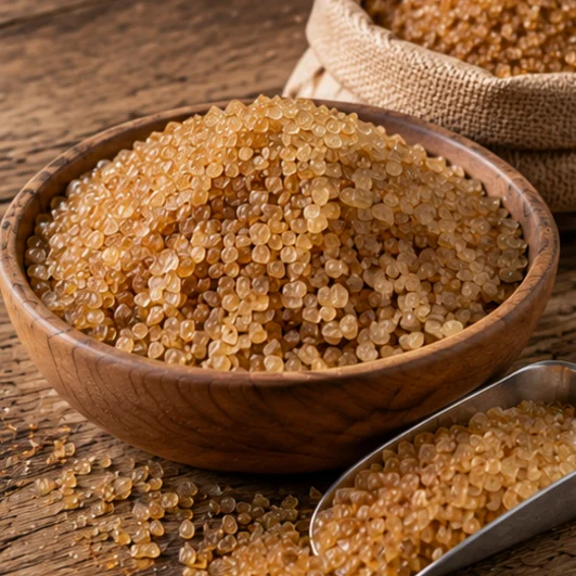 Amber Demerara cane sugar crystals in a wooden bowl with a scoop
