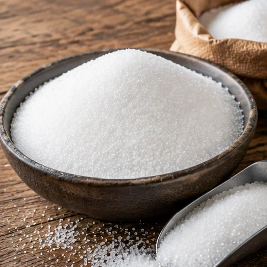 Refined white ICUMSA cane sugar in a bowl with a steel scoop