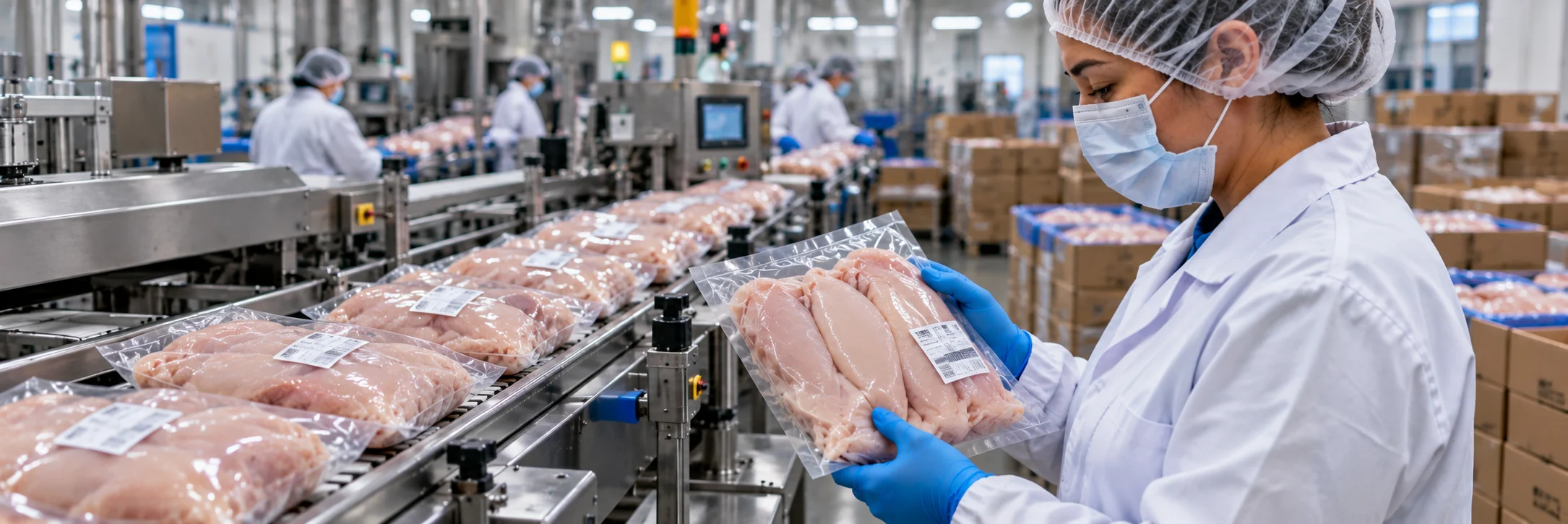 Quality inspector in protective gear checking vacuum-packed chicken breast fillets on a poultry processing line