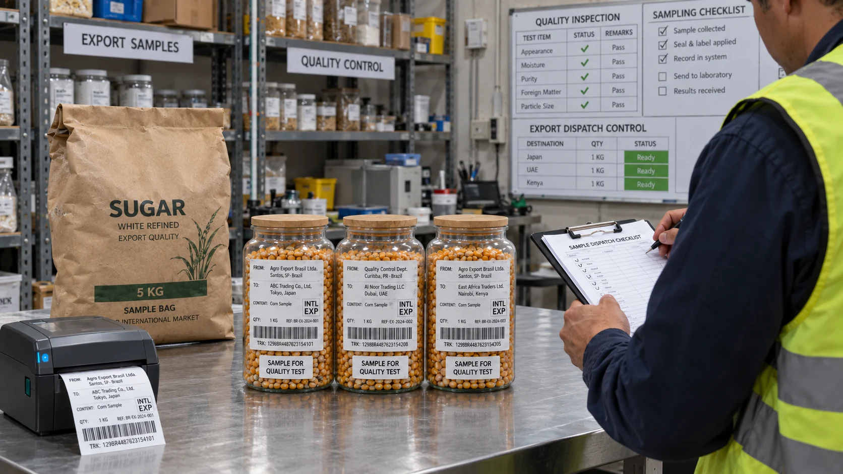 Labelled corn sample jars ready for international dispatch, with a quality inspection board and an inspector completing the sample checklist